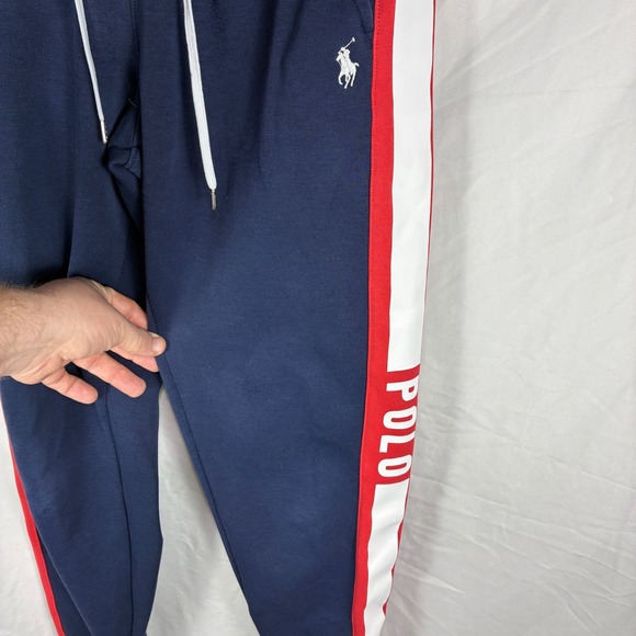 Polo Ralph Lauren Joggers Small Spell Out Logo Blue Red White Stripe Sweatpants - Picture 6 of 15